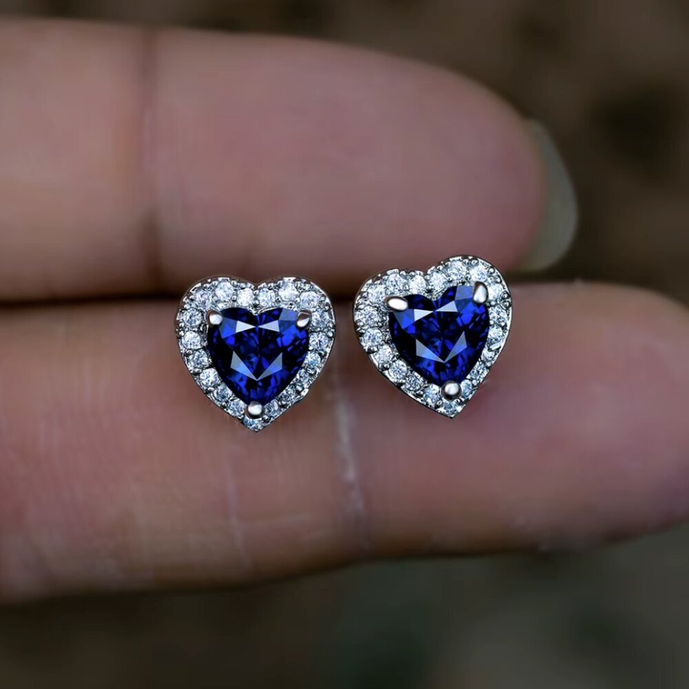 NEW 14k White Gold Blue Sapphire Diamond Earrings Heart Stud Earrings